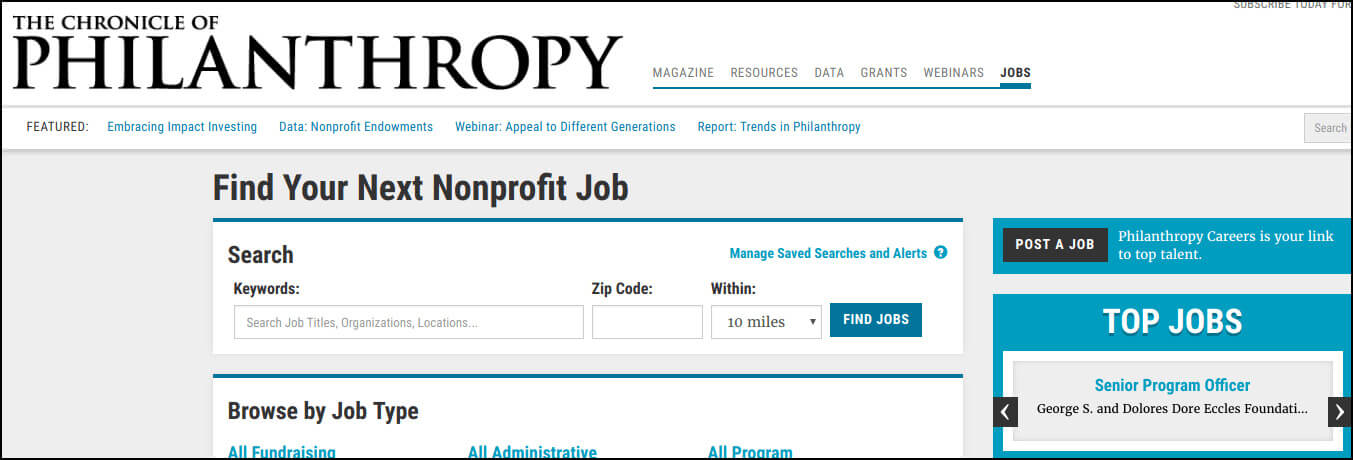 Chronicle of Philanthropy is a magazine and top nonprofit job portal.