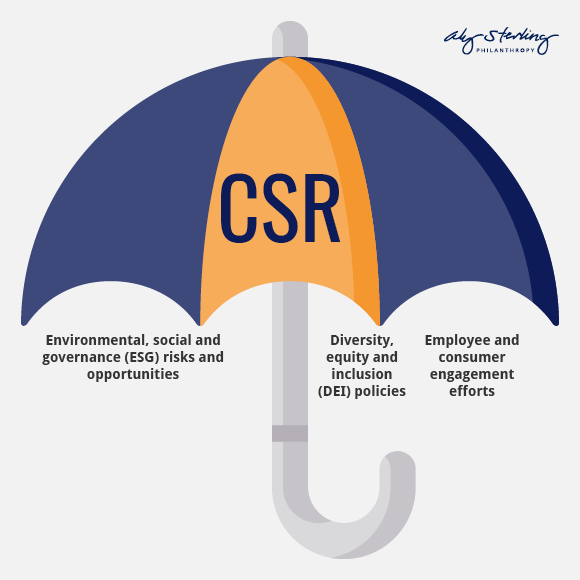 The CSR umbrella includes ESG risks and opportunities, DEI policies, and employee and customer engagement.