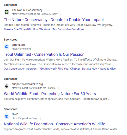 These are the Google paid search ads that appear for the keyword “conservation organization.” 
