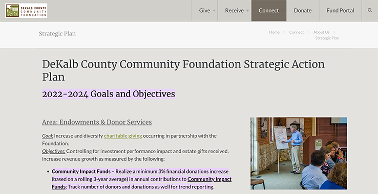DeKalb County Community Foundation’s goals in their nonprofit strategic plan are precise and measurable.