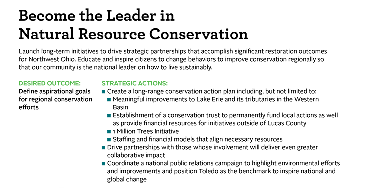 Metroparks Toledo describes their core priorities, goals, and associated actions as part of their nonprofit strategic plan.