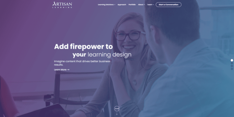 The website for Artisan Learning, the top nonprofit consulting firm for training.