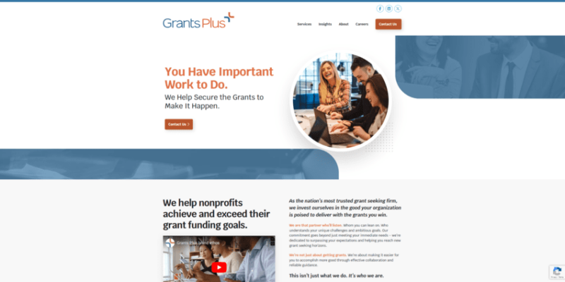 The website for Grants Plus, the top nonprofit consultant for grant seeking.