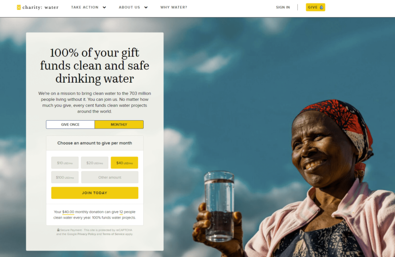 charity: water’s online donation page